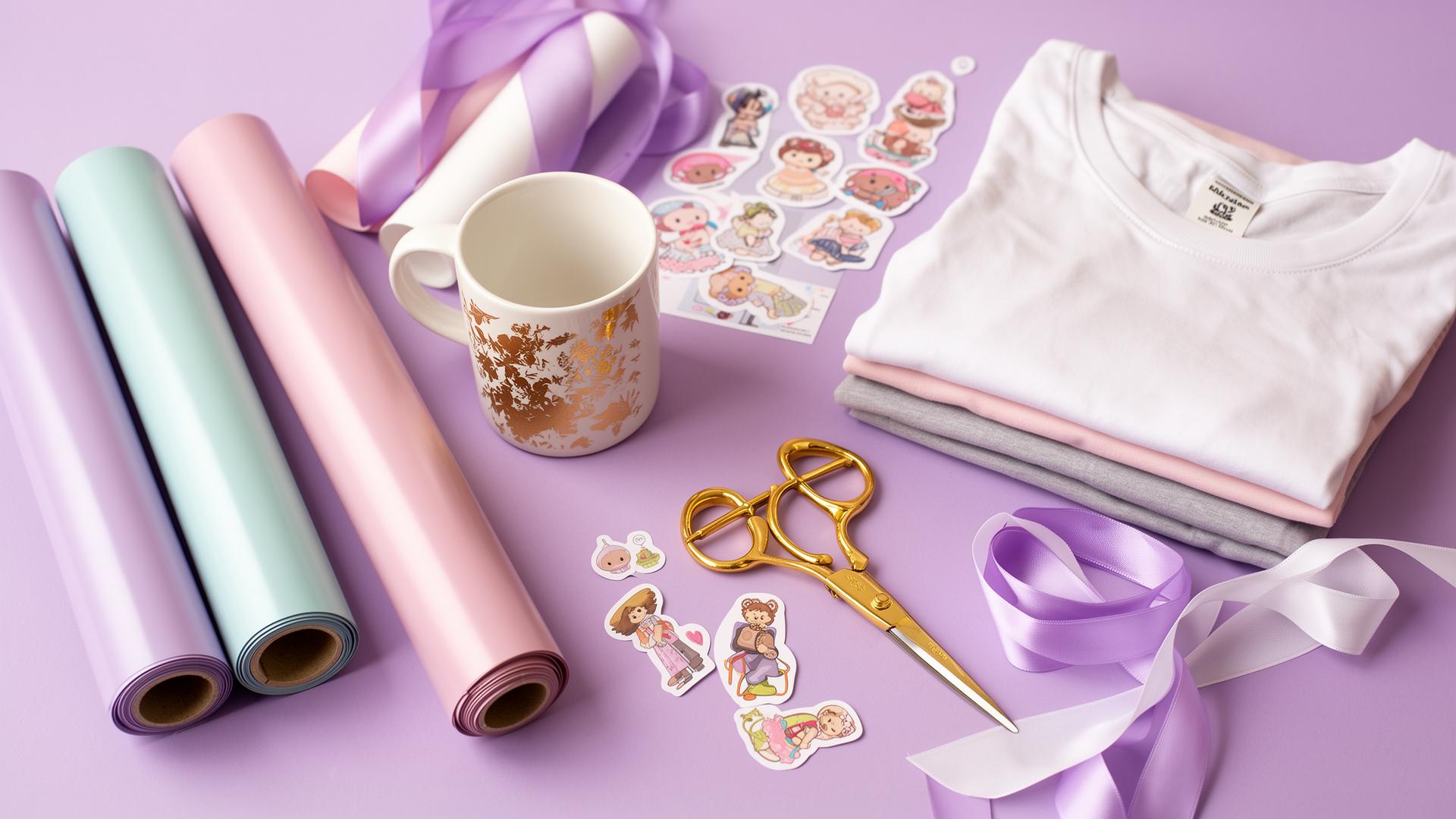 Handmade crafting materials — mugs, t-shirts, vinyl and stickers